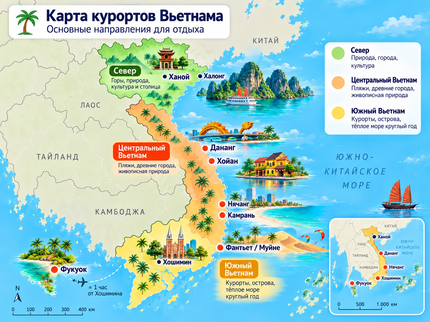Курорты Вьетнама на карте: Дананг, Хойан, Нячанг, Камрань, Фантьет, Муйне и Фукуок